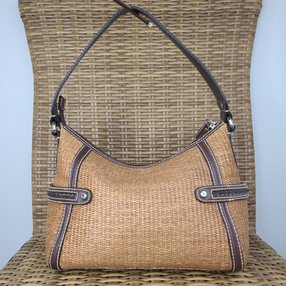 Fossil Bag Satchel Tan Straw Material Brown Leather Shoulder Strap Key Charm - Picture 3 of 16